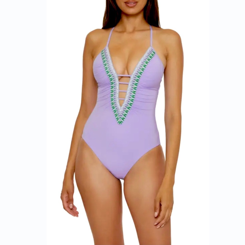 BECCA Lavender One-Piece Swimsuit with Green Trim